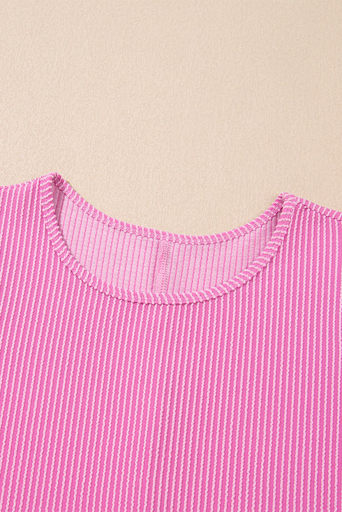 Corded Knit Crew Neck Puff Sleeve Shift Mini Dress
